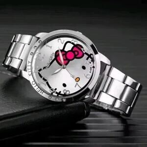 NEW Sanrio Hello Kitty Stainless Steel Bracelet Watch Silver Crystal Bezel Women